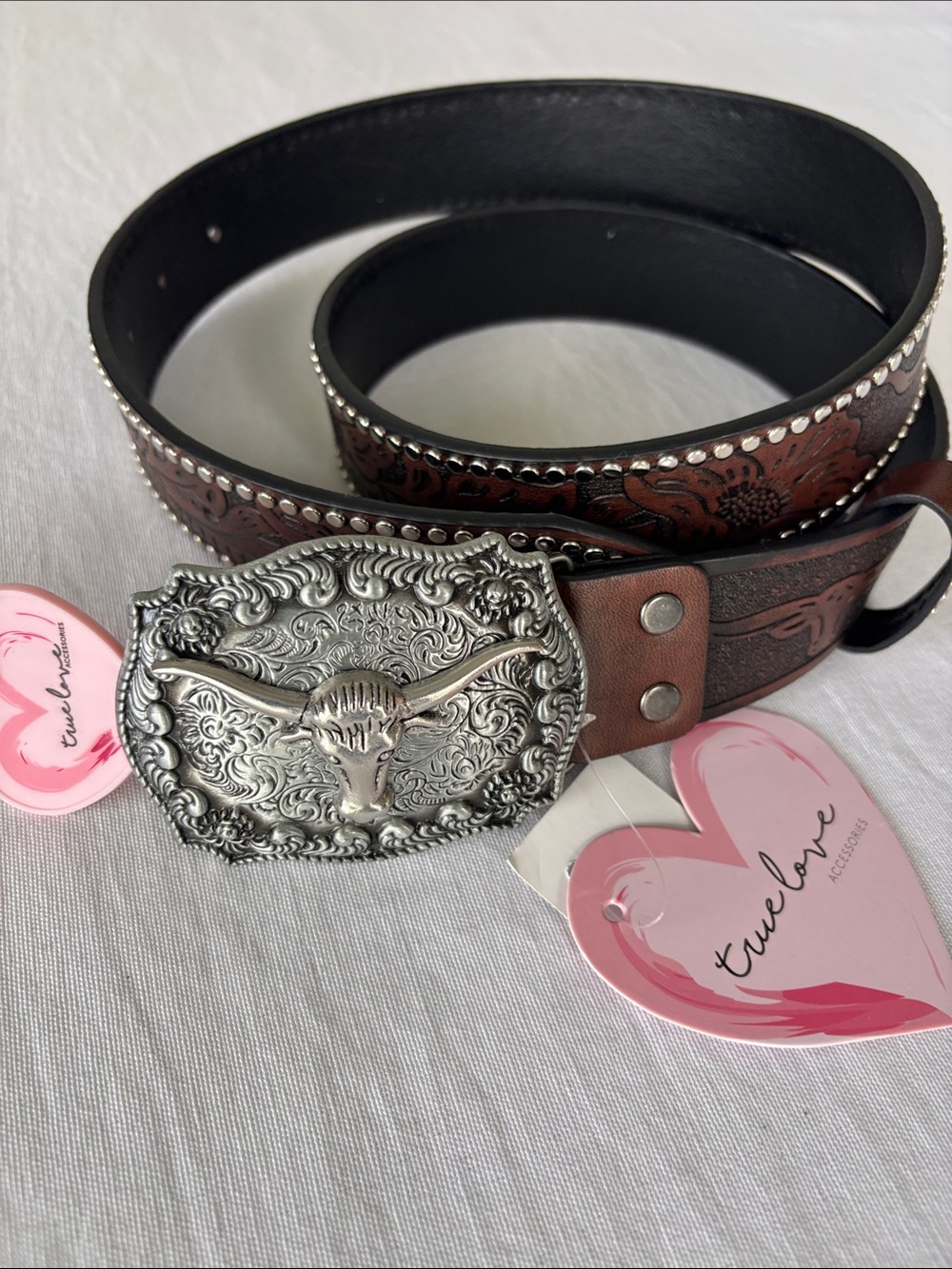True Love Brown Faux Tooled Leather Western Belt with Silver Longhorn Buckle